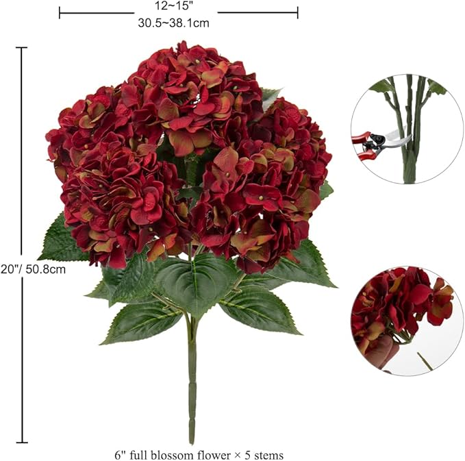 Red Hydrangea Artificial Flowers Large Artificial Hydrangeas Silk Red Fall Flowers for Home Decor Indoor Wedding Flowers Bouquets Faux Flowers Kitchen Centerpiece Table Decorations