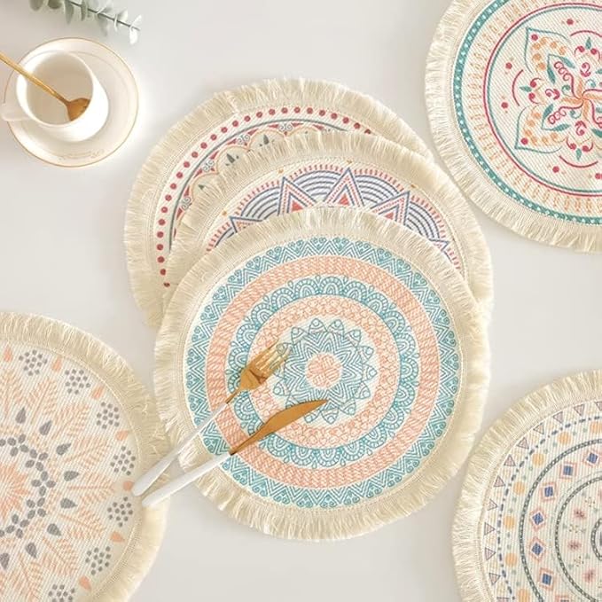 Kitchen Table Placemats Set of 6 with,Round HandmadeWoven Fringe Placemat,for Dining Room, Kitchen, Place Mats for Parties,Use-Size 13×13 Inches