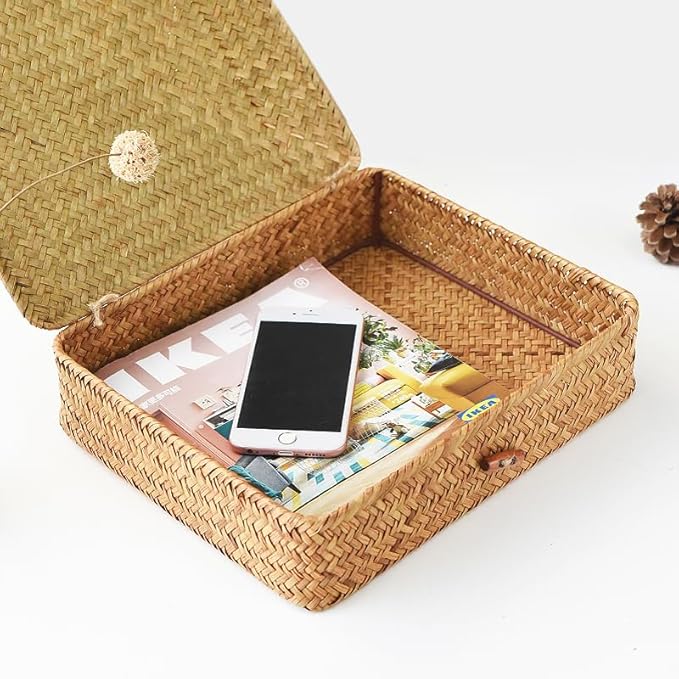 Seagrass Storage Baskets with Lid, Flat Wicker Basket, Rattan Storage Bins, Shallow Woven Basket for Shlef, Decorative Storage Boxes for Organizing