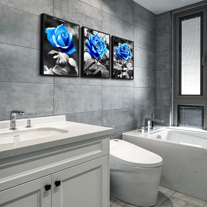 TTHYUEWS Black Framed Wall Art Prints For Living Room Family Wall Decor For Kitchen Black And White Pictures Artwork Blue Rose Flowers Wall Paintings Modern Office Bedroom Room Home Decor 3 Pieces