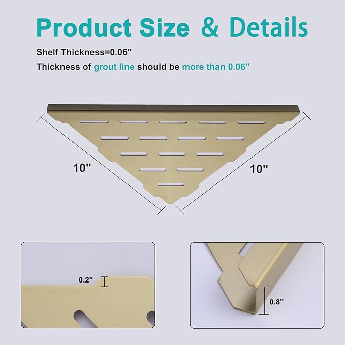 10" Corner Shower Shelf, 2-Pack Bathroom Shelves for Tile Walls, SUS304 Stainless Steel Recessed Shower Shelf, Grout in Corner Organizer Shelves, Brushed Gold