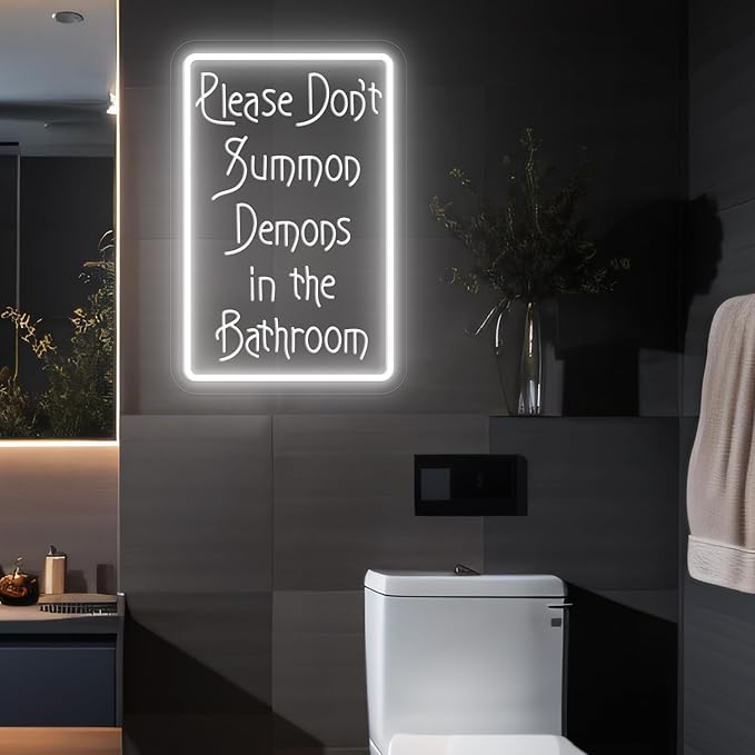 Please Don't Summon Demons in the Bathroom Neon Sign for Wall Decor, USB Powered Switch Adjustable Brightness LED Neon Lights, for Humor Party, Halloween Party, or Christmas