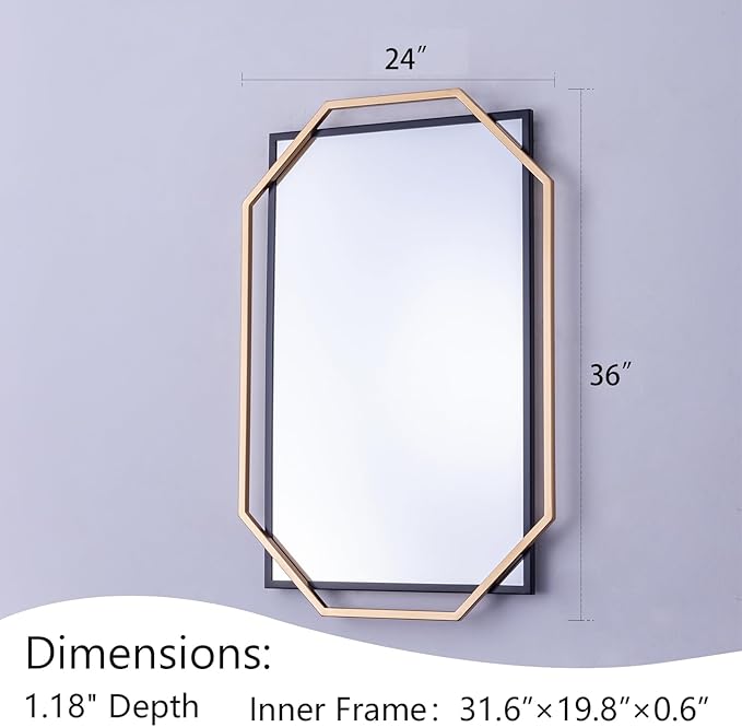 Decorative Wall Mirror, Black and Gold Bathroom Mirror for Wall with Modern Octagonal Metal Frame, for Living Room, Dining Room, Entryway (36" x 24")