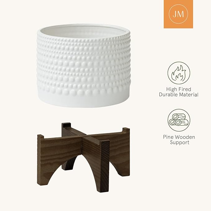 LA Jolie Muse Ceramic Planter with Wood Stand - 8 Inch White Cylinder Embossed Hobnail Patterned Flower Plant Pot Indoor