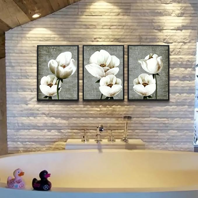TTHYUEWS Black Framed Wall Art For Living Room Wall Decor For Bedroom Kitchen Decor Gray Green Vintage Style White Flowers Wall Painting Abstract Pictures Prints Artwork Modern Room Decor 3 Panels