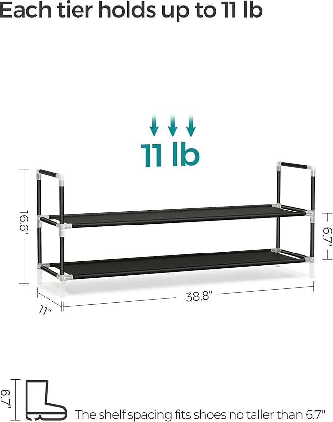 SONGMICS 2-Tier Shoe Rack, Shoe Storage for Hallway Closet, Slim and Space-Saving, Metal Frame, Non-Woven Fabric Shelves, Black ULSH052B01