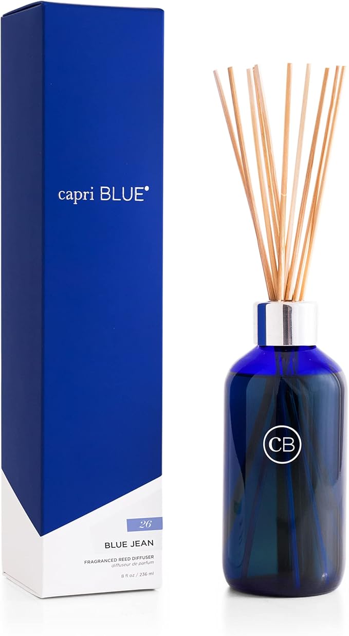 Capri Blue Blue Jean Reed Diffuser Set - Includes Reed Diffuser Sticks, Fragrance Oil, and Glass Bottle - Luxury Scented Room Fresheners - Cobalt Blue (8 fl oz)