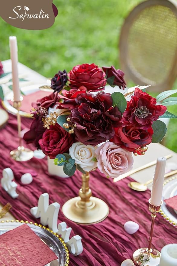 Serwalin Artificial Flowers Burgundy Pink Flowers Fake Wedding Flowers Cake Flowers for DIY Wedding Bouquets Bridal Shower Centerpieces Floral Arrangements Party Decor