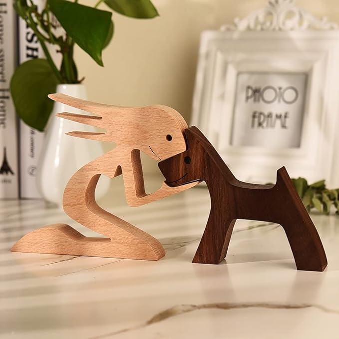 Unique Gift Hand Carved Wood Human Statue Figurine Sculpture Home Office Decor, Wooden Man Dog Carving Model to Remember Friendship Between Dog and People