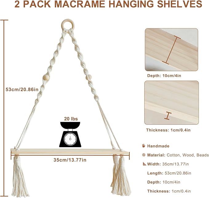 Artilady 2 Pack Wooden Wall Hanging Shelves - Boho Floating Shelves White Macrame Plant Shelf Adjustable Storage Rack Rustic Wall Decor for Bedroom Living Room Nursery