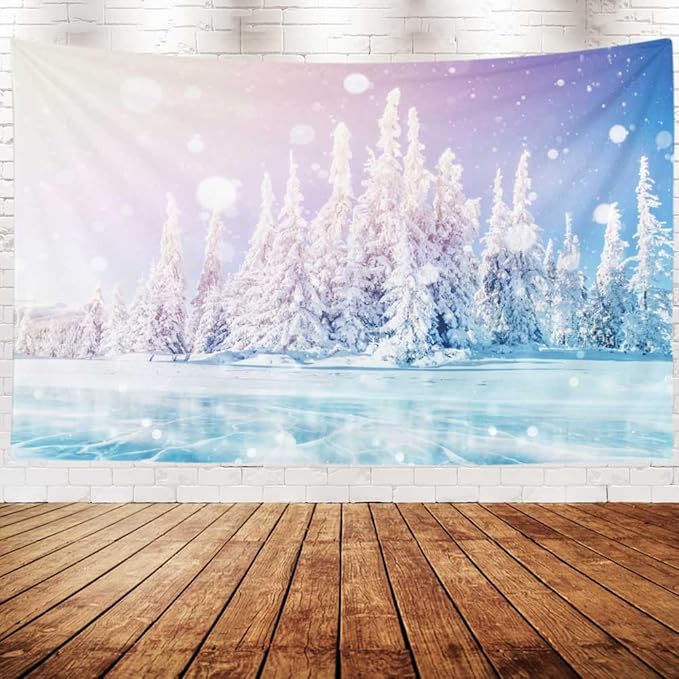 EMMTEEY Magical Forest Tapestry - Mysterious Landscape Blue Ice Lake Frozen Snow Tree Wall Hanging 92.5X70.9 Door Decor