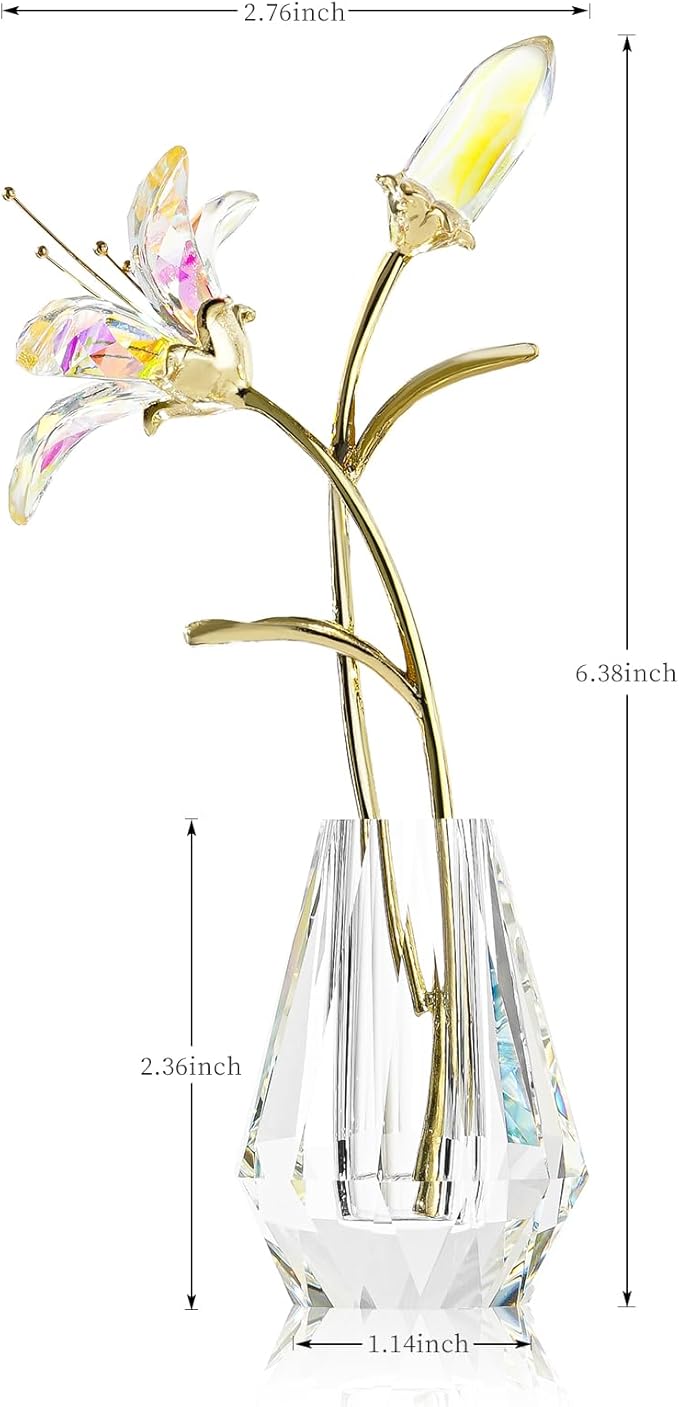 Crystal Lily Figurine, Glass Flowers with Stem,Flower Collectible Gifts for Woman, Wedding Party Decor(Transparent)