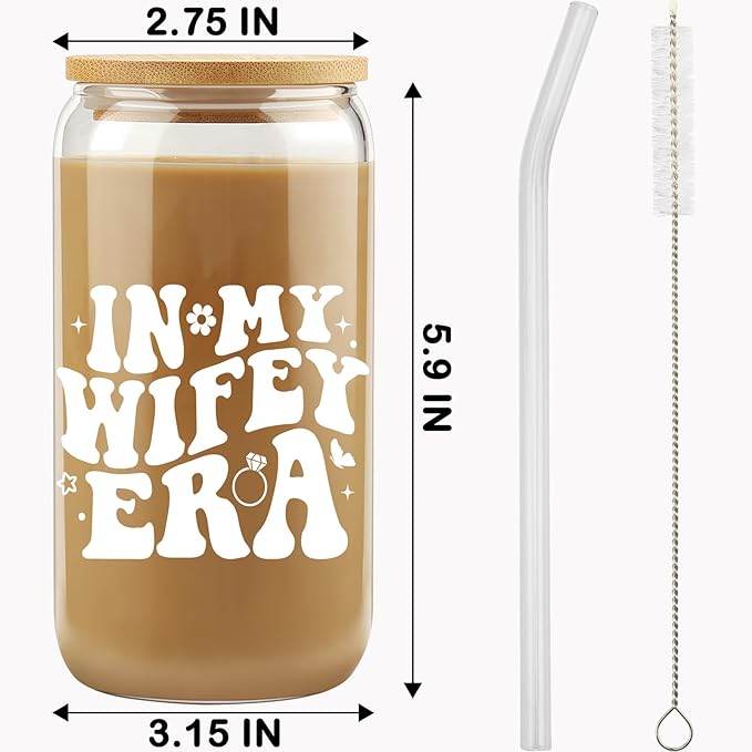New Wifey Gifts, Bride Wedding Gift, Bridal Shower Gifts, Newlywed Present for Bride, Bride to Be Gift Idea, In My Wifey Era Ice Coffee Cup, Newly Married, Wife Present, 16 OZ Glass Cup w/ Lid & Straw