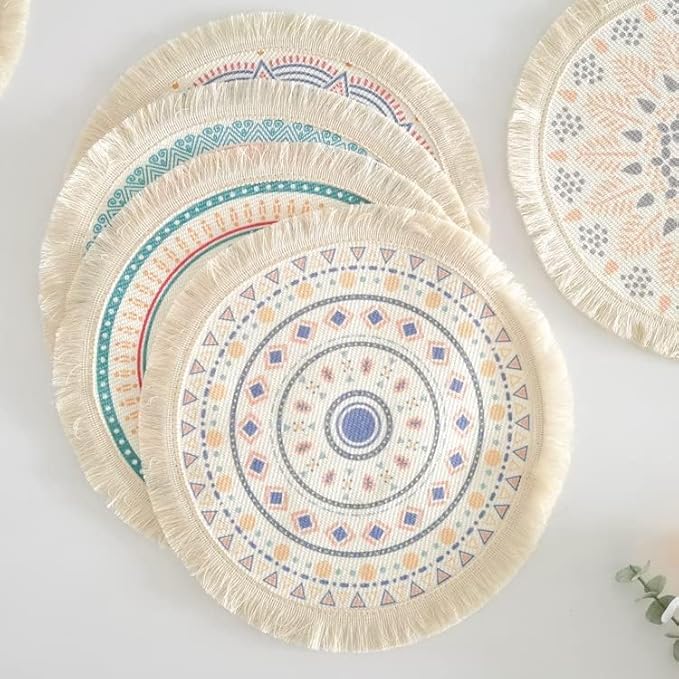 Kitchen Table Placemats Set of 6 with,Round HandmadeWoven Fringe Placemat,for Dining Room, Kitchen, Place Mats for Parties,Use-Size 13×13 Inches