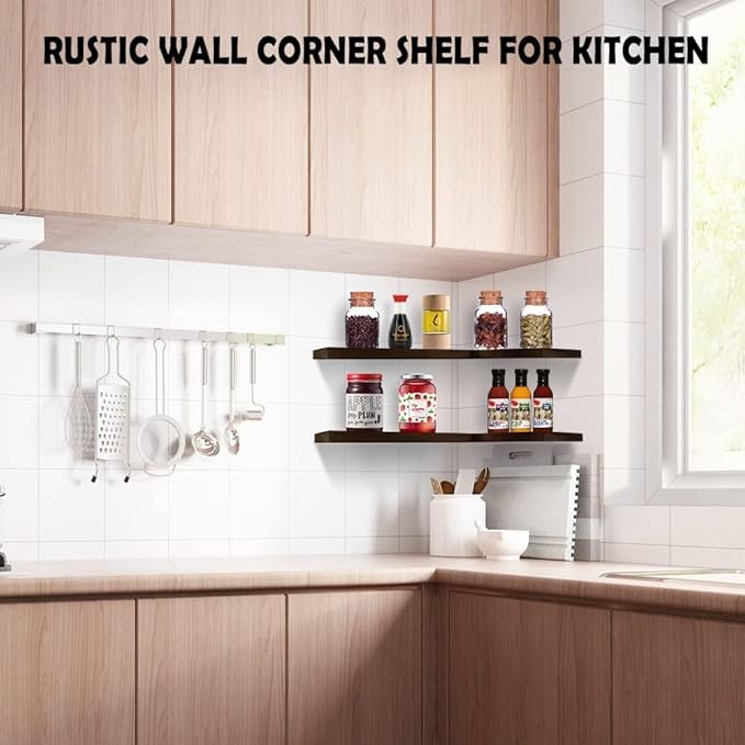 Natural Wood Set of 4 Wall Mounted Corner Shelves Hanging Corner Wall Shelves L-shaped Floating Shelf for Bathroom Bedroom Kitchen Office Living Room Wooden Corner Wall Shelves Carbonized Black