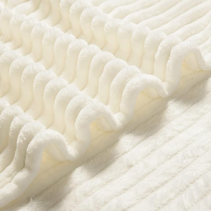 Bnuitland Ivory Flannel Throw with Storage Pouch,300GSM Super Soft Fleece Stripe Pattern Sofa Blanket for Adults and Kids, Lightweight Cozy Bed Throw for Home Decor All Season