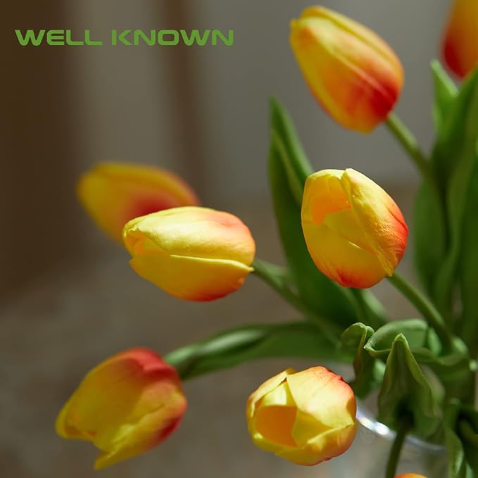 WELL KNOWN 20 Pcs Tulips Artificial Flowers in Vase with Faux Water, Faux Tulips Real Touch, Floral Arrangements Artificial with Vase Centerpiece for Bathroom Home Decoration Orange