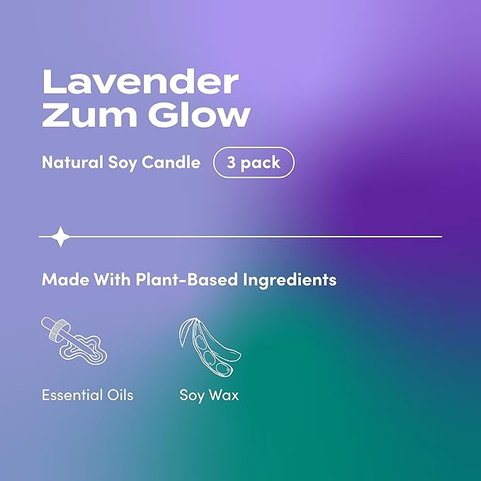 Indigo Wild Zum Glow Lavender Candle - Soy Wax Candle with Lead-Free Wick - Relaxing Candles Scented with Essential Oils - Long-Lasting Scented Candles - 30-Hour Burn Time - 7 oz (3 Pack)
