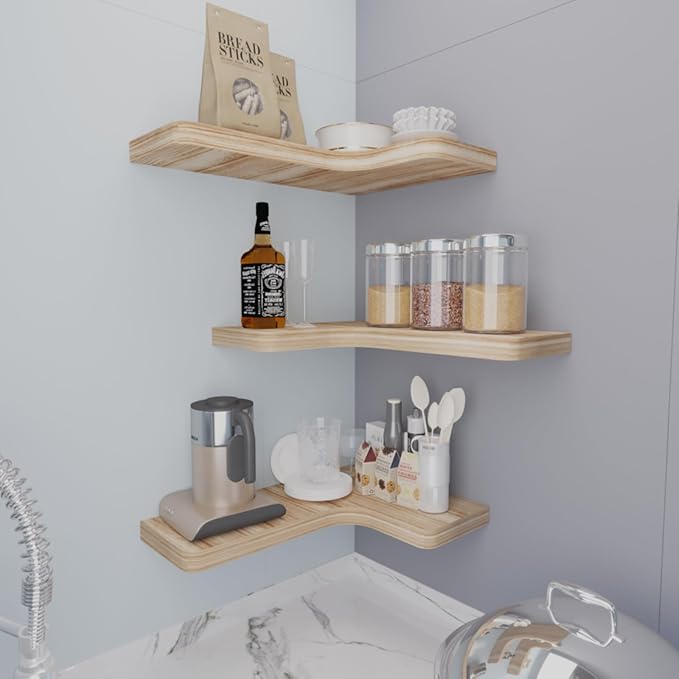 SAUMONIERES Corner Floating Shelves Wall Mount Shelf Solid Wood for Bedroom Bathroom Room Kitchen Storage Set of 3, Rustic Torched, Invisible Brackets