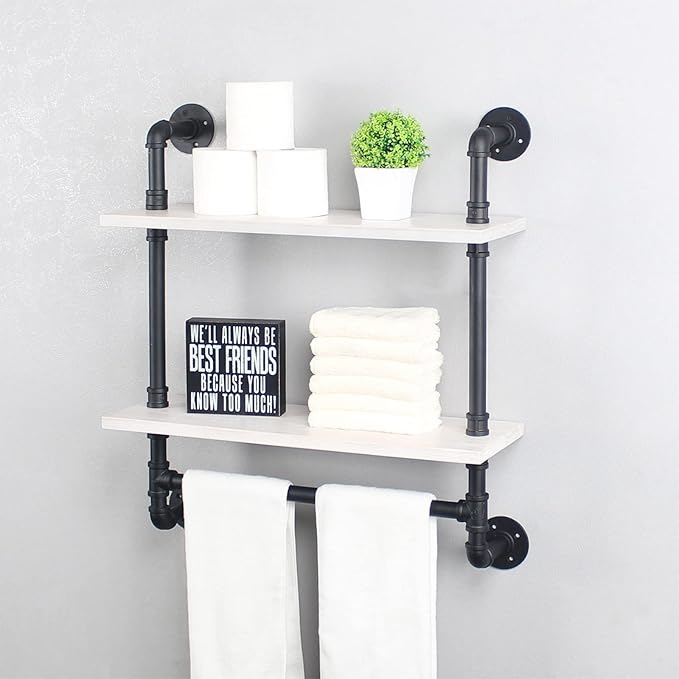 Iron Pipe Shelves Industrial Bathroom Shelves with Towel bar,24in Rustic Metal Pipe Floating Shelves Pipe Wall Shelf,2 Tier Industrial Shelf Wall Mounted,Black & White