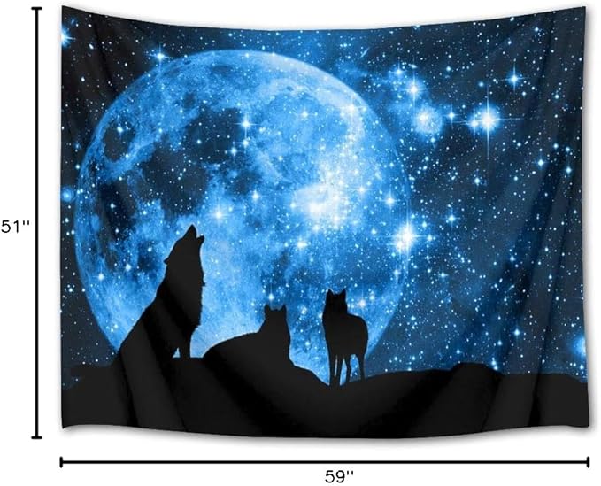 HVEST Wolf Tapestry Wolves on Mountain Wall Hanging Full Moon in Starry Sky Tapestries for Kids Bedroom Living Room Dorm Party Wall Decor,59Wx51H inches