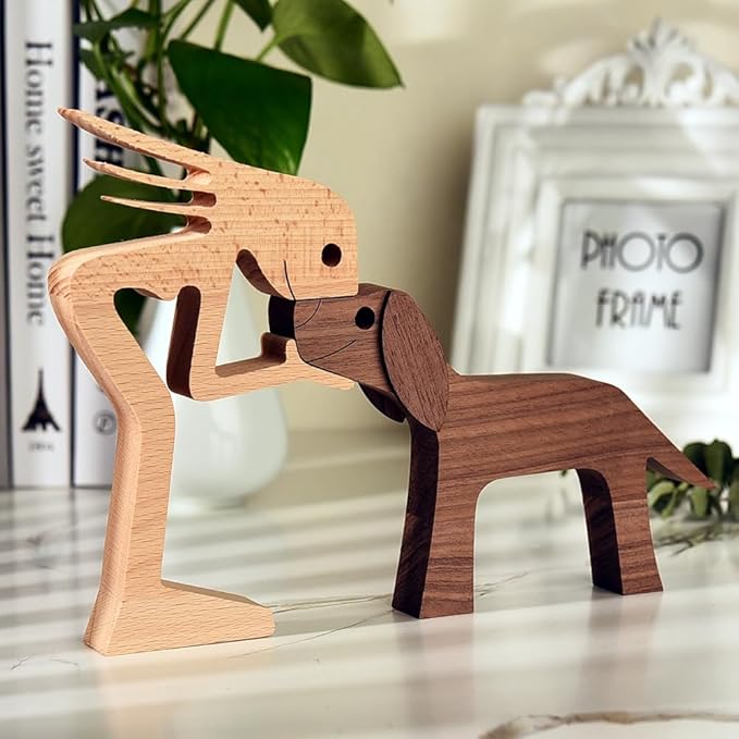 Unique Gift Hand Carved Wood Human Statue Figurine Sculpture Home Office Decor, Wooden Man Dog Carving Model to Remember Friendship Between Dog and People