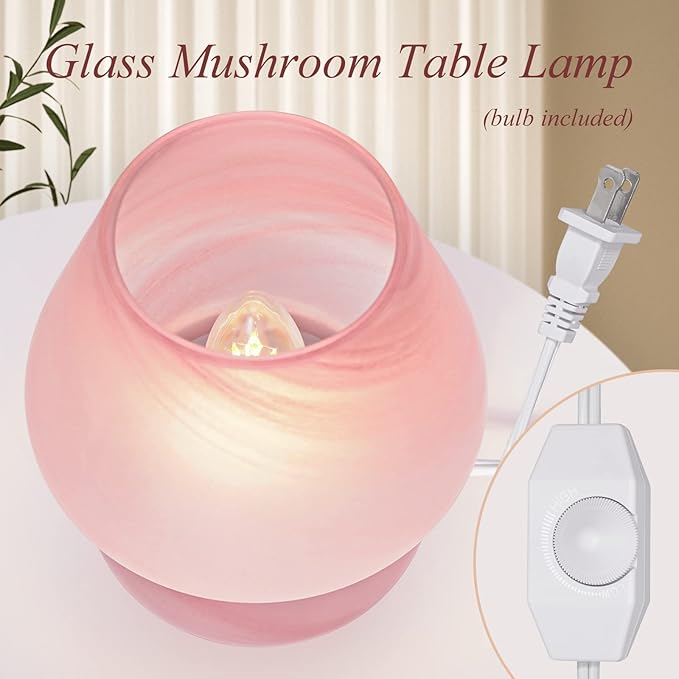 ONEWISH Mushroom Lamp Cute Table Lamp for Bedroom Nightstand Soft Light Pink, Small Glass Nightlight Stepless Dimmable Desk Lamp for Dining, Living, Nursery, Vanity, Home Decor Lamp for Girls Women