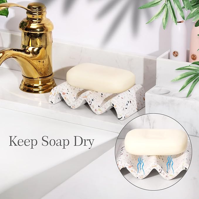 Luxspire Soap Dish for Bar Soap, Marble Shower Soap Dish, Self-draining Soap Tray, Soap Saver for Bathroom Shower Kitchen, Bathroom Soap Holder, Sponge Holder - Terrazzo