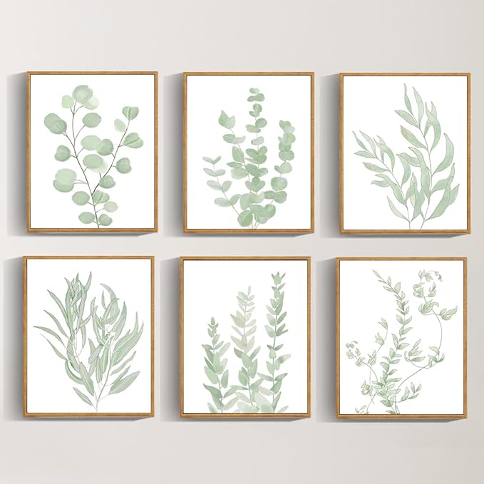 Drsoum Framed Botanical Plant Canvas Wood Wall Art Light Green Sage Wall Decor Eucalyptus Leaf Picture for Bedroom Living Room Bathroom Office 8βx 10β x 6pcs