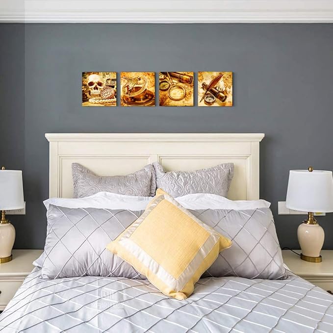Pirate ship compass Restoring ancient ways Wall Art for living room Canvas Prints Artwork bathroom Wall Decor Watercolor painting 4 Piece Framed bedroom wall decorations Office Home Decoration
