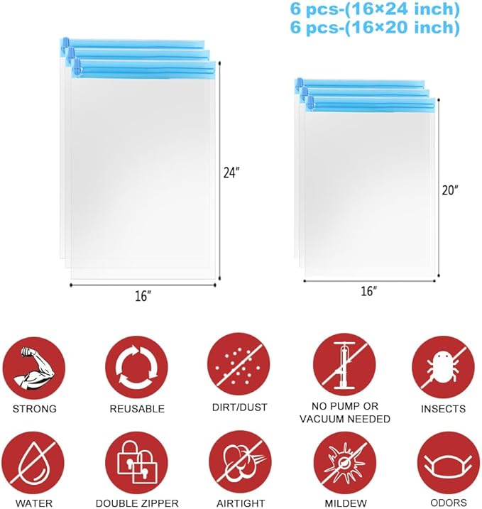 Compression Bags - Travel Essentials 12 Pack Space Saver No Vacuum or Pump Needed Storage Accessorie and Home Packing Organizers (transparent)