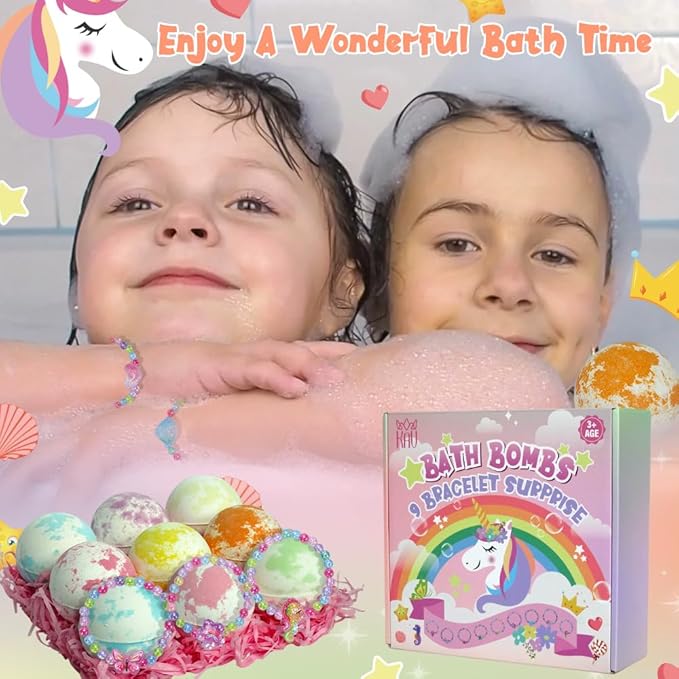 Bath Bombs for Kids Girls, KAV Surprise Bracelet Inside 9 Pcs Natural Organic Fizzy Unicorn Bathbombs, Princess Fun Bubble Kit Bath Bomb, Easter Basket Stuffers Girls, Multicolor