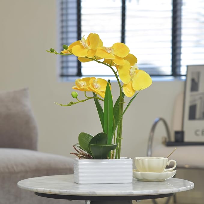Artificial Real Touch Orchid Flowers in Pot Fake Phalaenopsis Flower with White Ceramic Vase Faux Orchids Arrangement for Home Table Office Wedding Party Decoration (Yellow)