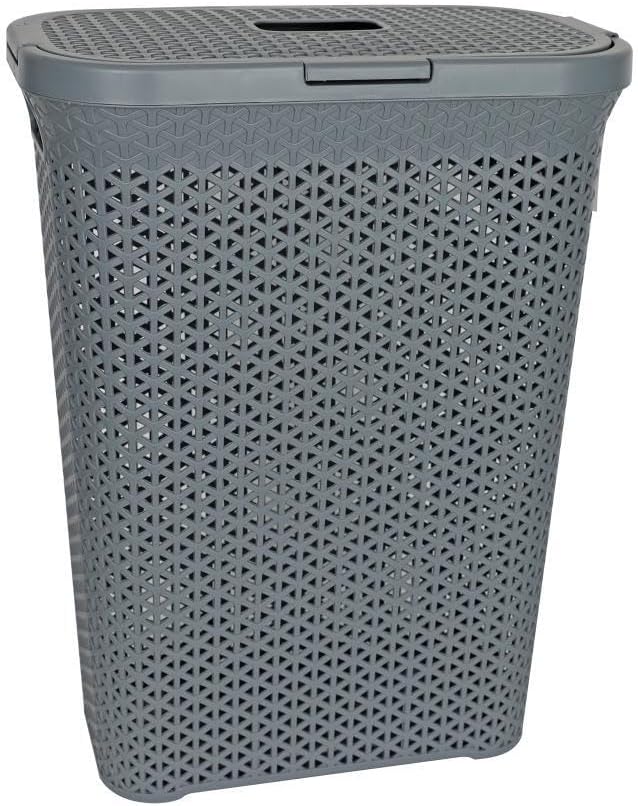 YBM Home Plastic Rattan Laundry Hamper Basket with Hinged Lid, Ventilation Holes, Durable, Lightweight Bin With Cutout Handles, Storage Dirty Clothes, Space Saver, 10.5" x 17.5" x 23.75", Grey