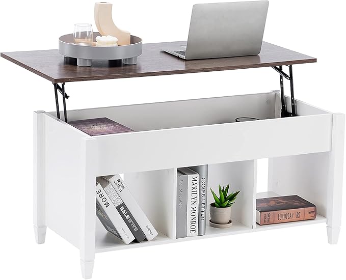 VINGLI Lift Top Coffee Table, White, with Storage Shelf/Hidden Compartment, Gas Lift Mesa De Centro para Sala Pop Up Coffee Table
