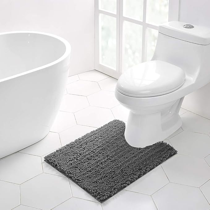 Walensee Bathroom Rug 2 Pieces Set Non Slip Bath Mat (20"x32" Plus 20"x24" U Grey/Gray) Water Absorbent Super Soft Shaggy Chenille Machine Washable Dry Extra Thick Perfect Carpet for Shower Floor