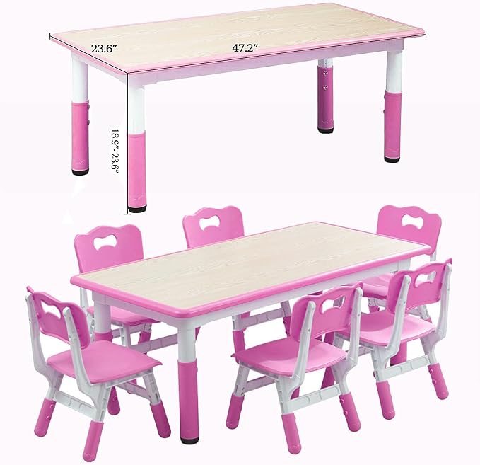 Kids Table and 6 Chair Set - Height Adjustable, Multifunctional Desk, Ergonomically Designed Chairs, Max 300lbs, for Ages 2-10, Classroom, Daycares, Home