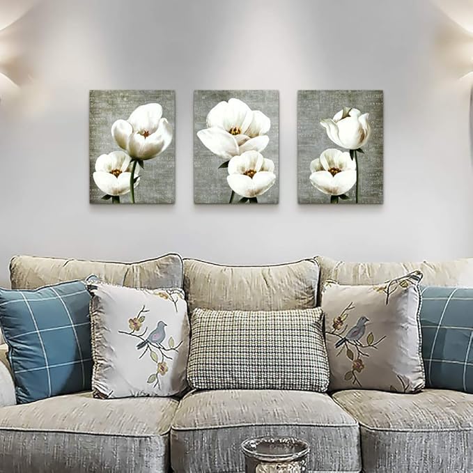 Living Room Wall Decor Canvas Wall Art For Bedroom Bathroom Wall Painting Artwork Gray Green Vintage Style White Flowers Abstract Pictures Wall Decorations For Kitchen 3 Panels Modern Family Decor