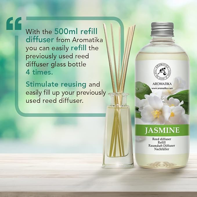 Reed Diffuser Refill With Jasmine Essential Oil 34 Fl Oz - 2x500ml - Fragrance Oil - Room Freshener - Floral Fragrance - Fresh and Long Lasting