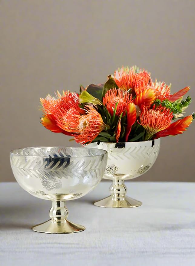 Serene Spaces Living Silver Etched Leaf Mercury Glass Bowl, Vintage Compote Bowl (Pack of 4)