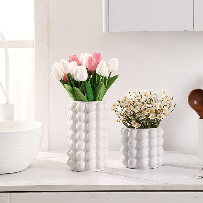 Bubble Vases, Set of 2 White Ceramic Vases, Short Vases, Ceramic Flower Vases, Unique Vases, Tall Bubble Vases for Coffe Table Decor, Decorative Vases for Living Room, Dining Table, Wedding