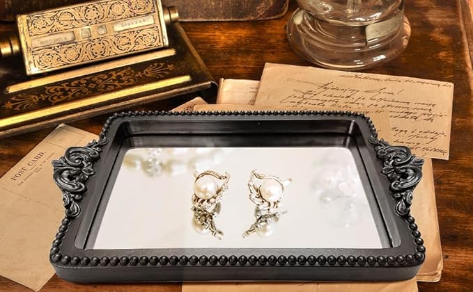 Vintage Black Tray with Mirror Glass Base | Card Holder for Guests During Occasions and Events or Decorative Home and Vanity Organizer