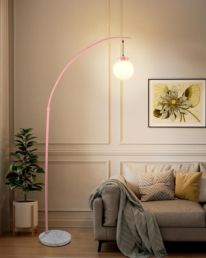 Lightdot Pink Arc Floor Lamp for Living Room, 76Inch Tall Standing Lamp with Marble Base and Globe Bulbs Included, 3000K Warmwhite Modern Mid Century Floor Lamp for Bedroom & Home Office