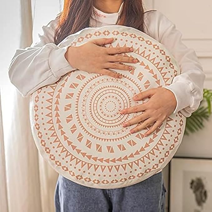 MOCOFO Unstuffed Round Pouf Covers Boho Colorful Geometric Ottoman Pouf Cover with Handle Design,Decoration Footstool for Living Room,Bedroom,Patio (Yellow,18x18x8)