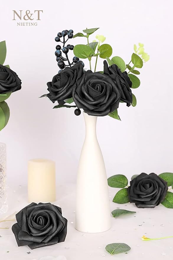 N&T NIETING Artificial Flowers Black Rose 50pcs Real Touch Flowers Perfect for for DIY Bouquets Wedding Party Baby Shower Home Decoration