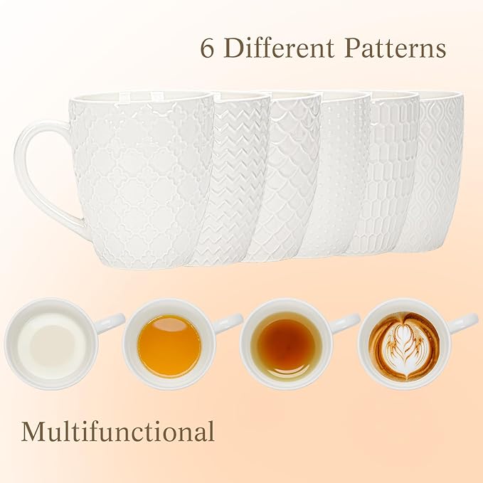 Hoikwo Off White Coffee Mugs Set of 6, Ceramic Cup Set, 17 oz Artistic Drinkware for Coffee, Tea, and Beverages, Family Pack of 6 Unique Patterns, Microwave Safe and Dishwasher Safe