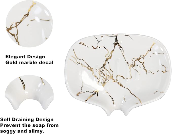 Ceramic Marble Texture Soap Dish,Self Draining Slot,Ceramic Self Draining Soap Dish Portable,Bathroom Accessories for Shower,Bathroom,Kitchen, Sink,Countertop,for Travelling,Camping,Gym