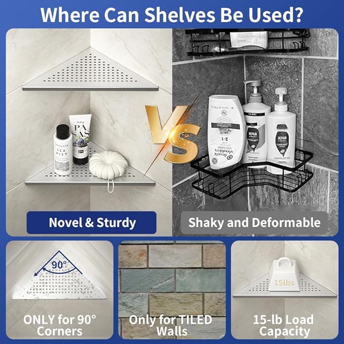 Corner Shower Shelves, 10" Brushed 304 Stainless Steel Recessed Shelf for Bathroom, Grout in Shelf for Tiled Wall, 2 Pack, No Drilling Needed