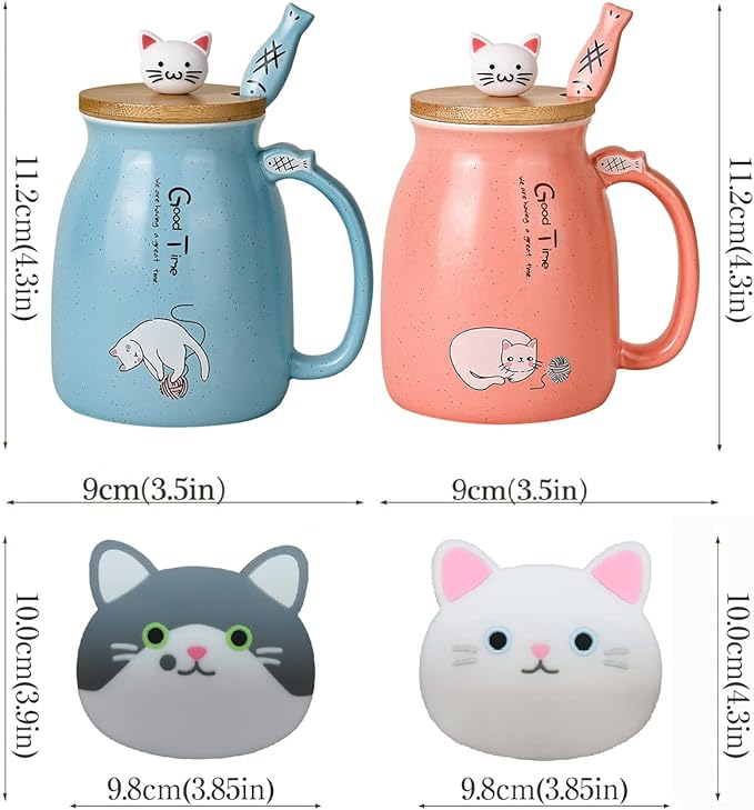 SHENDONG 2 Pack Cat Mugs Cute Ceramic Coffee Cups Set of 2 with Kawaii Bamboo Lid and Spoon Novelty Morning Cup Coffee Milk Tea Mugs - 3d Animal Cat Mugs for Cat Lovers Women Gifts(Blue and Red)