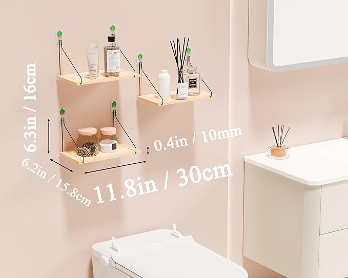 Elevate Your Space with Rustic Wood Floating Shelves Set of 3- Perfect for Bedroom, Living Room, Bathroom, and Kitchen Decor - Easy Installation, No Drilling Needed!